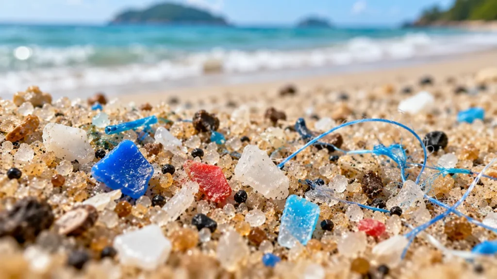 Mikroplastik berbentuk cebisan kecil dan gentian plastik yang mencemarkan pasir pantai.