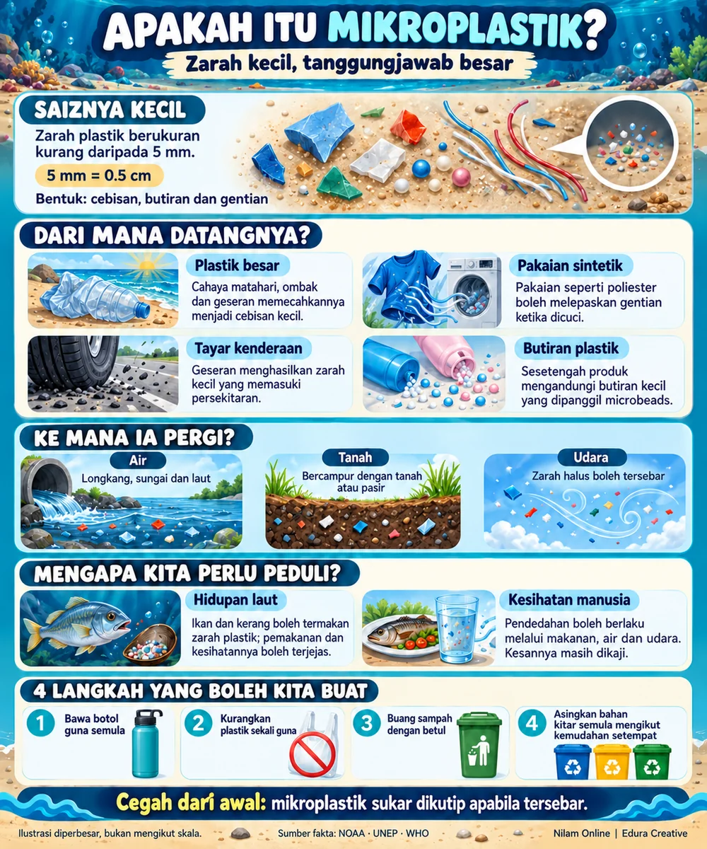 Infografik mikroplastik kurang 5 mm, sumber plastik besar, pakaian sintetik, tayar dan butiran plastik, persekitaran air, tanah dan udara, potensi kesan serta empat langkah mengurangkan pencemaran plastik.