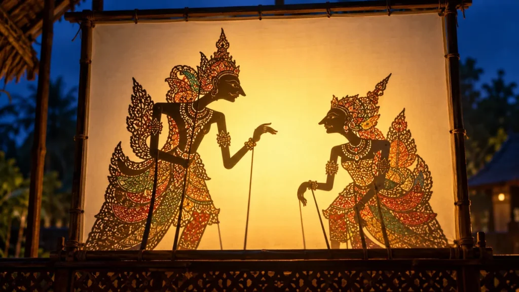 Persembahan seni wayang kulit Kelantan dengan patung tradisional dan bayang-bayang pada kelir.