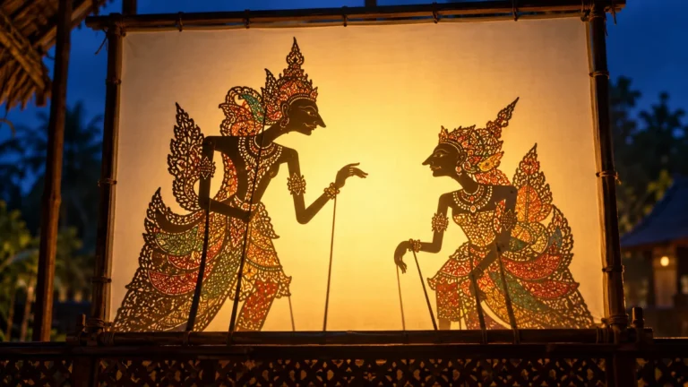 Persembahan seni wayang kulit Kelantan dengan patung tradisional dan bayang-bayang pada kelir.