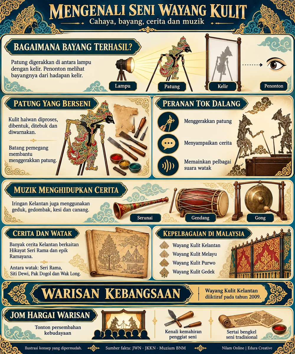 Infografik konsep cahaya, patung dan kelir, peranan tok dalang, pembuatan patung, serunai, gendang dan gong, kepelbagaian wayang kulit serta Warisan Kebangsaan 2009.