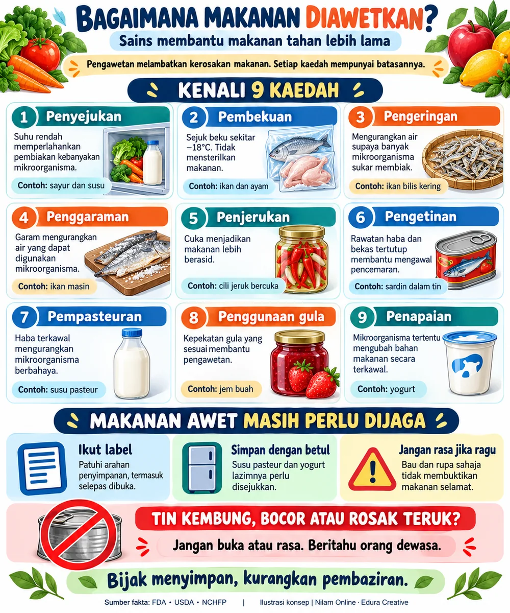 Infografik sembilan kaedah pengawetan makanan, contoh makanan bagi setiap kaedah, arahan penyimpanan dan langkah mengelakkan makanan daripada tin kembung atau rosak.