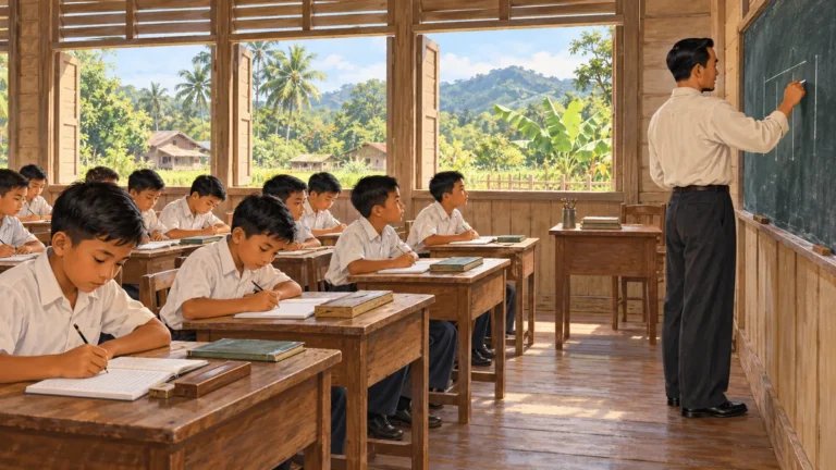 Suasana sekolah pada zaman dahulu dengan papan hitam, meja kayu dan murid sedang belajar di dalam bilik darjah.
