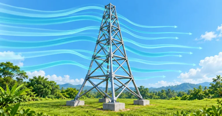 Struktur menara dengan tapak lebar dan penyokong segi tiga untuk meningkatkan kestabilan terhadap tiupan angin.