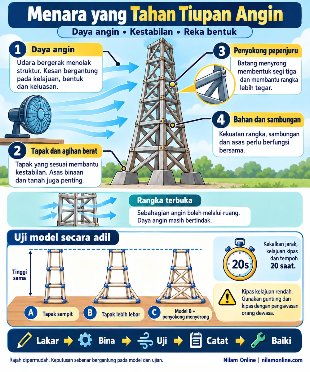 Infografik daya angin, tapak, penyokong pepenjuru, sambungan dan ujian tiga model menara yang sama tinggi selama 20 saat.