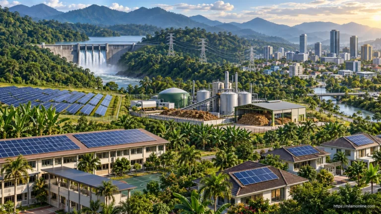 Ilustrasi panel solar pada bumbung sekolah dan rumah, empangan hidroelektrik, loji bioenergi dan grid yang menghubungkan sebuah bandar.