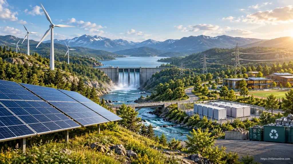 Solar panels, wind turbines, a hydroelectric dam, battery storage and a school community in an illustrative energy landscape.