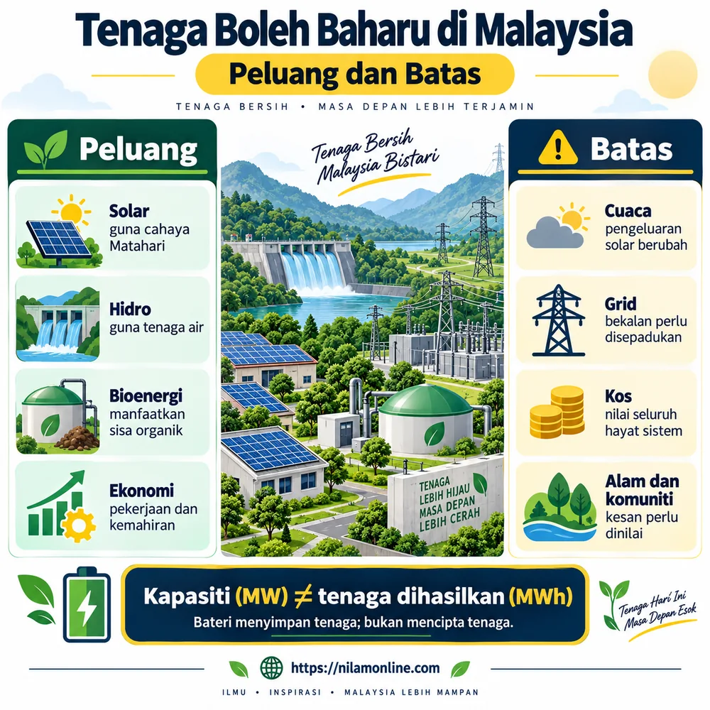 Infografik peluang solar, hidro, bioenergi dan pekerjaan serta batas cuaca, grid, kos, alam dan komuniti; kapasiti MW berbeza daripada tenaga MWh.
