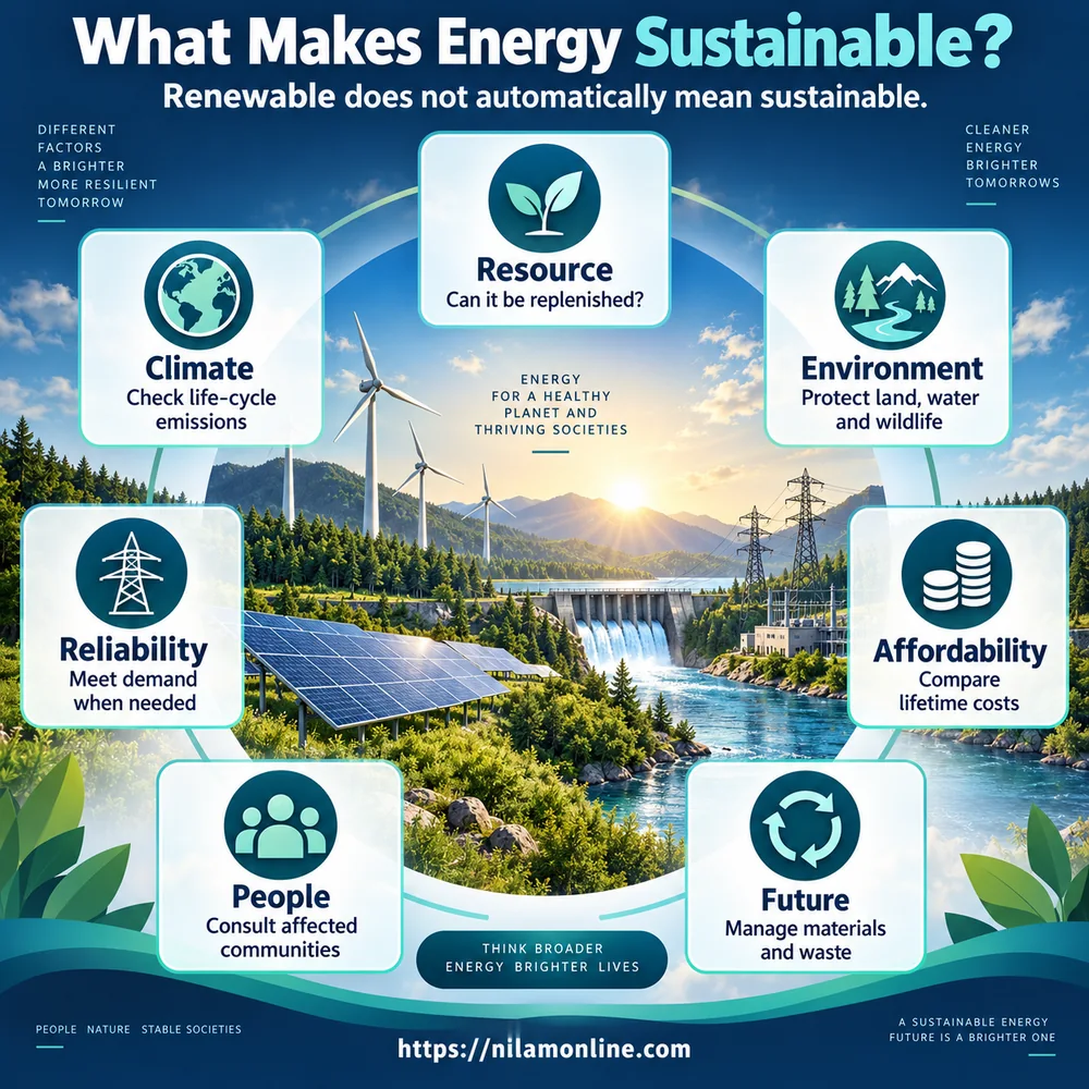 Seven criteria for sustainable energy: resource replenishment, climate, environment, reliability, affordability, people and future material management.