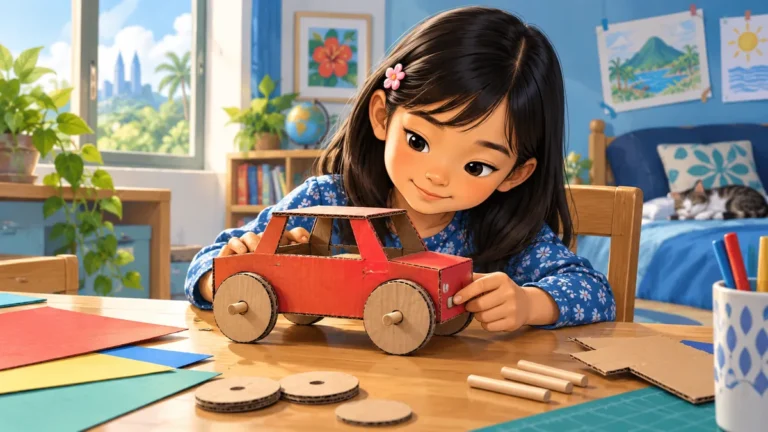 Sara memeriksa roda kereta kertas merah yang dibuatnya.