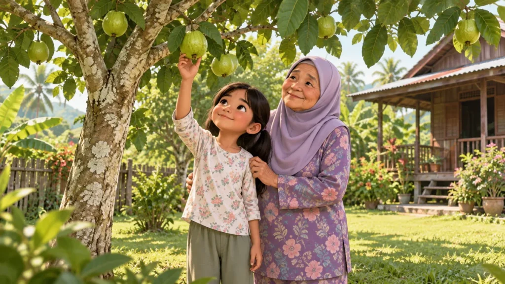 Mira dan Nenek berdiri di bawah pokok jambu di halaman rumah.