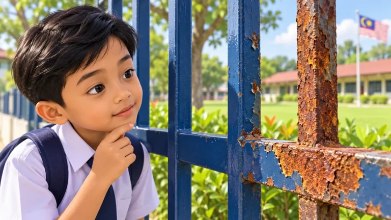Murid memerhatikan karat berwarna perang pada permukaan pagar besi.