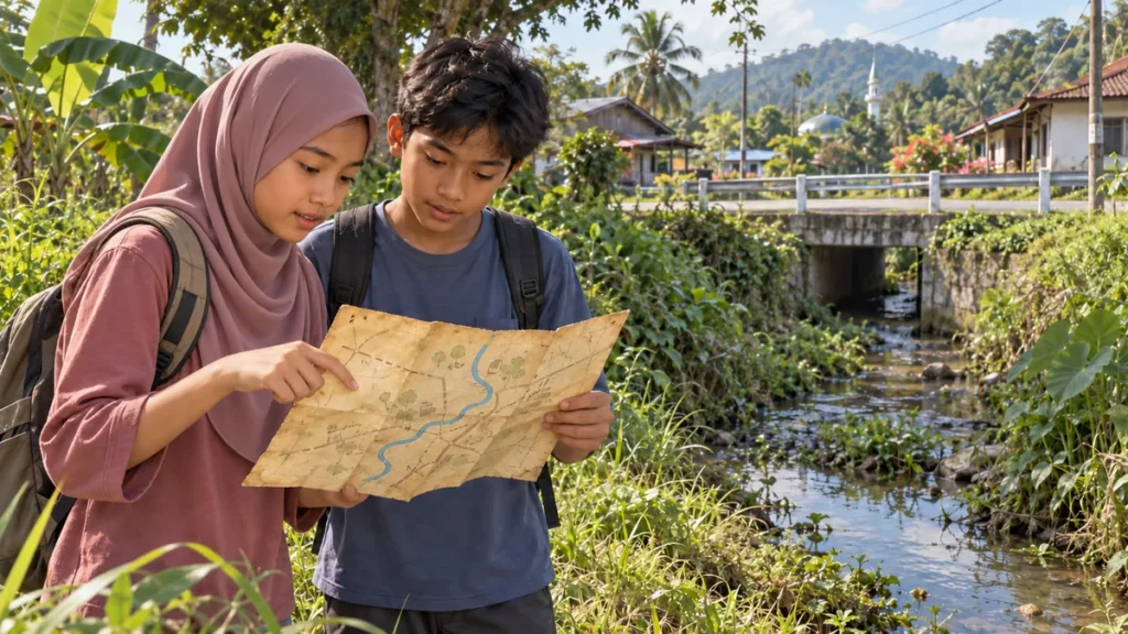 Nadia and her friend compare an old map with a narrow stream hidden beside the village.