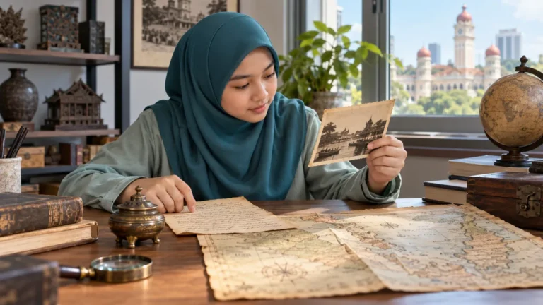 Remaja meneliti gambar lama, surat dan peta sebagai sumber bukti sejarah.