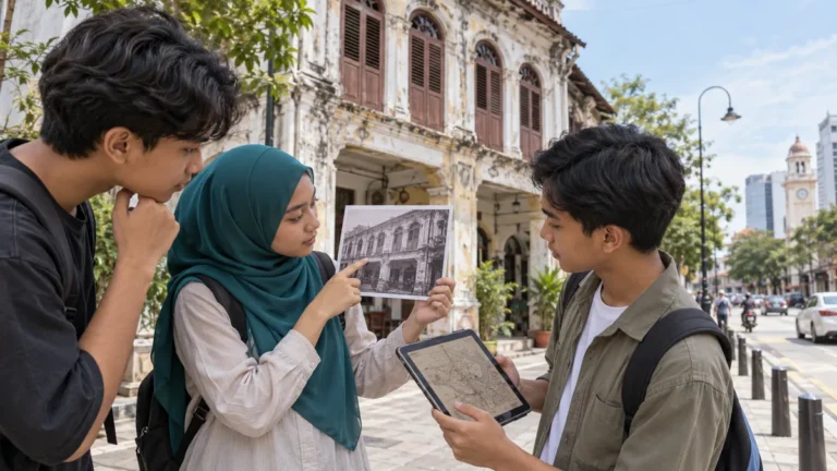 Remaja membandingkan gambar dan peta lama dengan sebuah bangunan bersejarah di kawasan mereka.