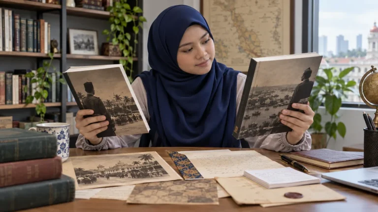 Pembaca membandingkan dua biografi bersama gambar, surat dan dokumen sejarah.