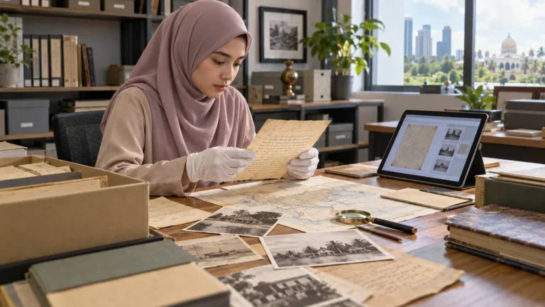 Pembaca meneliti surat, gambar, peta dan rekod digital daripada koleksi arkib.