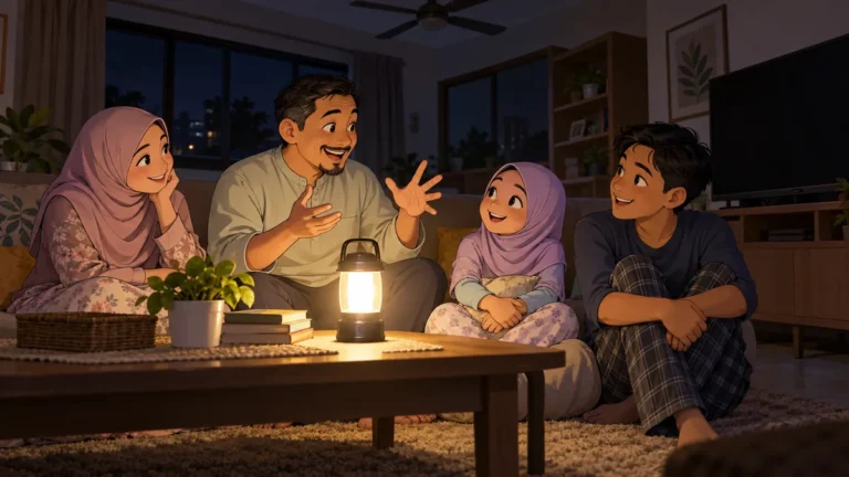 Aina dan keluarganya berbual di ruang tamu menggunakan lampu kecemasan ketika bekalan elektrik terputus.