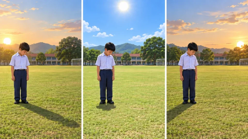 A child observes how the length and direction of a shadow change from morning to afternoon.