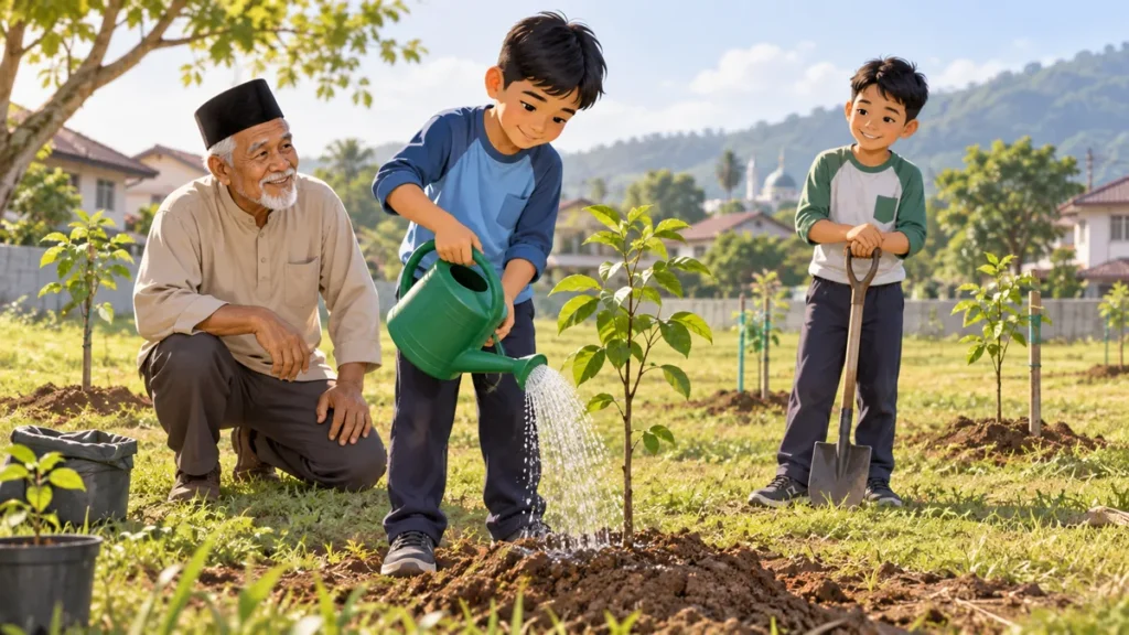 Amir waters one of ten young trees planted in an open field near his neighbourhood.