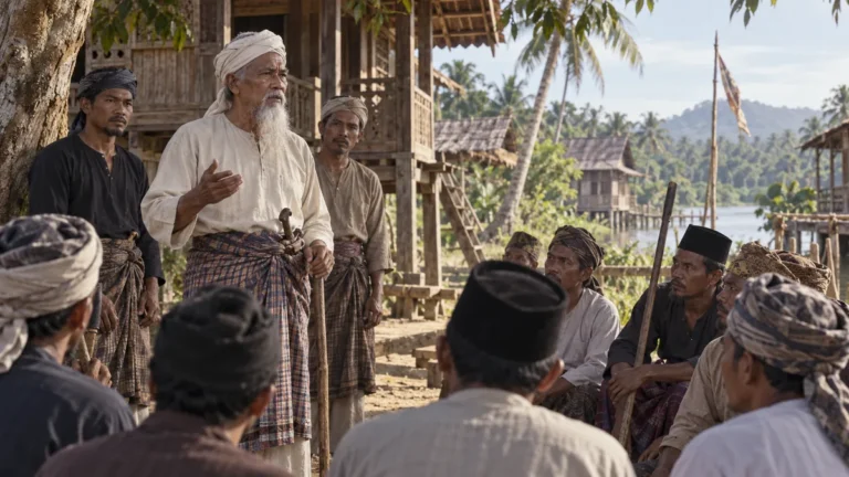 Ilustrasi Tok Janggut bersama penduduk di kawasan kampung Kelantan pada sekitar tahun 1915.