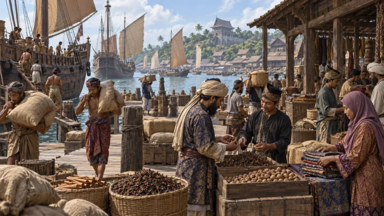 Pedagang membawa rempah dan barangan di pelabuhan Melaka yang sibuk pada zaman perdagangan maritim.