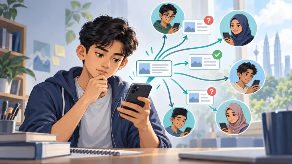 Mesej tular tersebar daripada sebuah telefon pintar kepada beberapa pengguna lain dalam rangkaian digital.