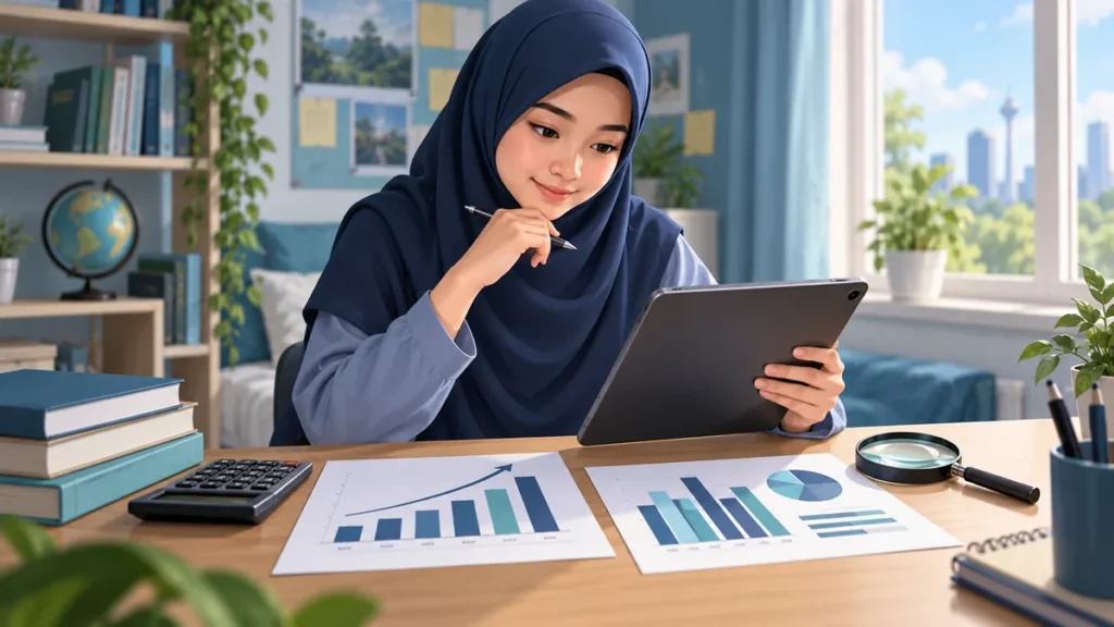 Remaja meneliti peratusan dan graf dalam berita untuk memahami konteks statistik yang dipaparkan.