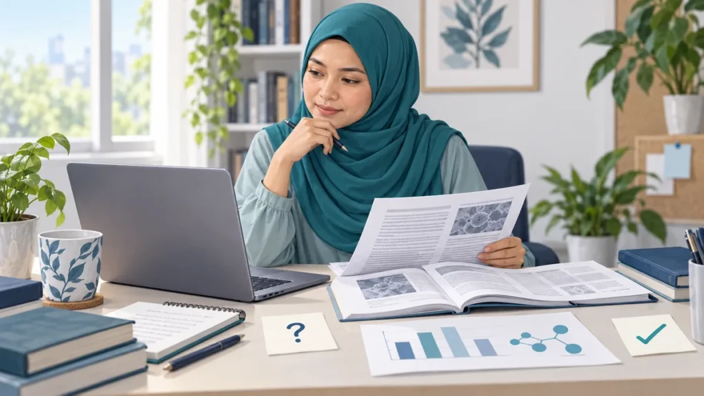 A reader compares a scientific news claim with research papers, data and supporting evidence.