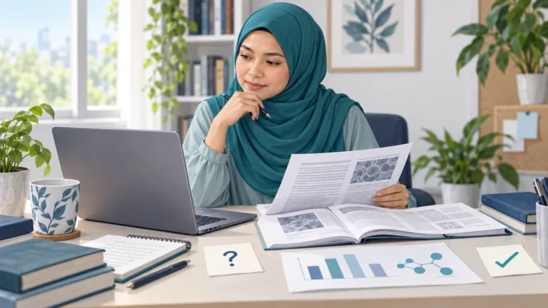A reader compares a scientific news claim with research papers, data and supporting evidence.