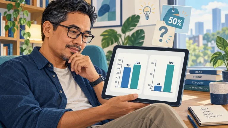 Pembaca membandingkan dua grafik iklan dengan data sama tetapi skala visual yang berbeza.