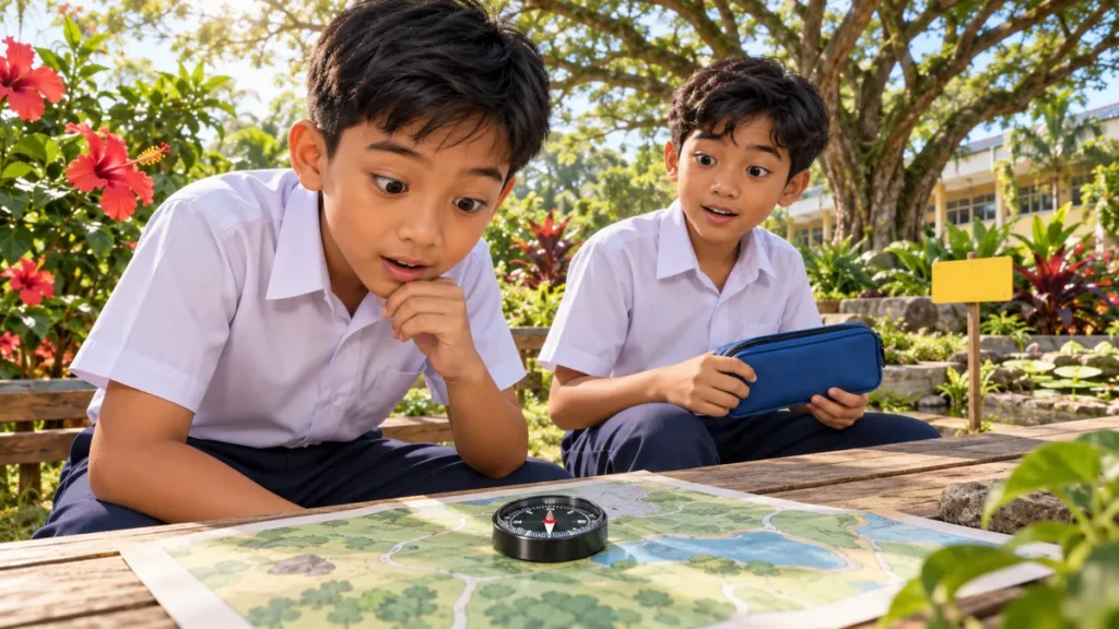 Adam and Hariz investigate why a compass needle moves towards a magnetic pencil case.