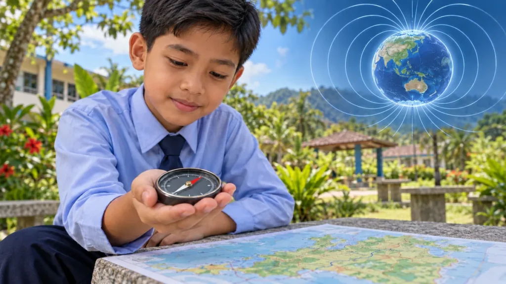 Murid menggunakan kompas di atas peta sambil mempelajari bagaimana jarum magnet menunjukkan arah.