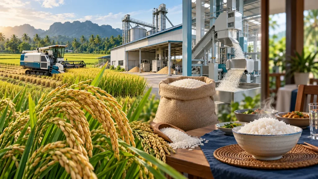 Perjalanan padi dari sawah dan proses pengilangan sehingga menjadi nasi di atas pinggan.