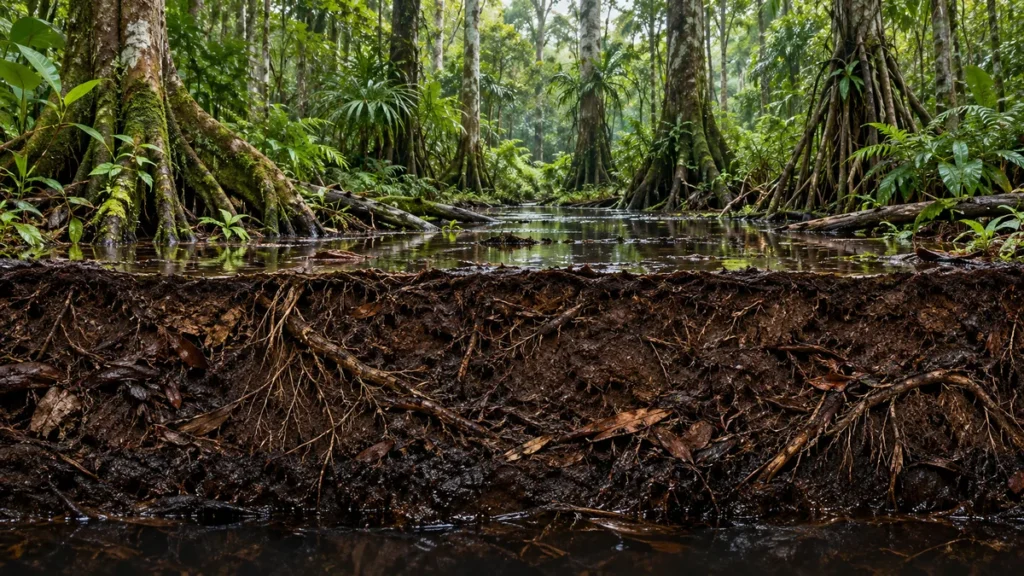 Keratan rentas hutan paya gambut menunjukkan pokok, air dan lapisan gambut gelap yang kaya bahan organik.