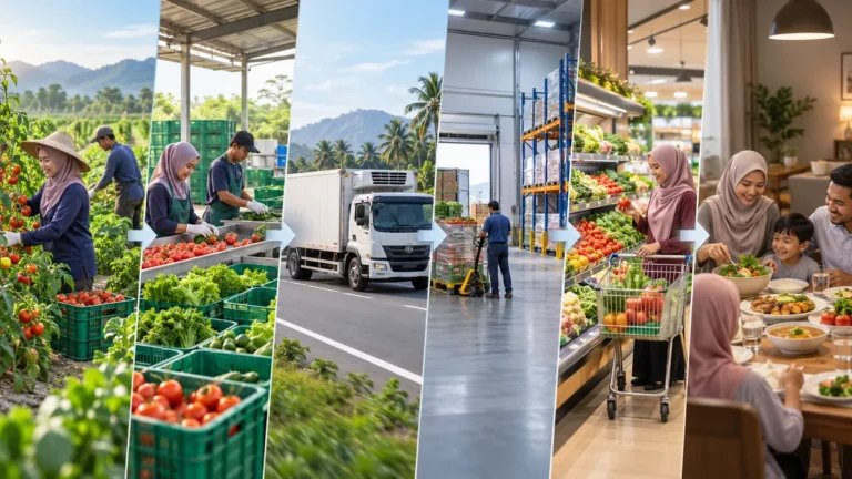 Perjalanan makanan dari ladang melalui pusat pengumpulan, pengangkutan dan kedai sebelum sampai ke meja pengguna.