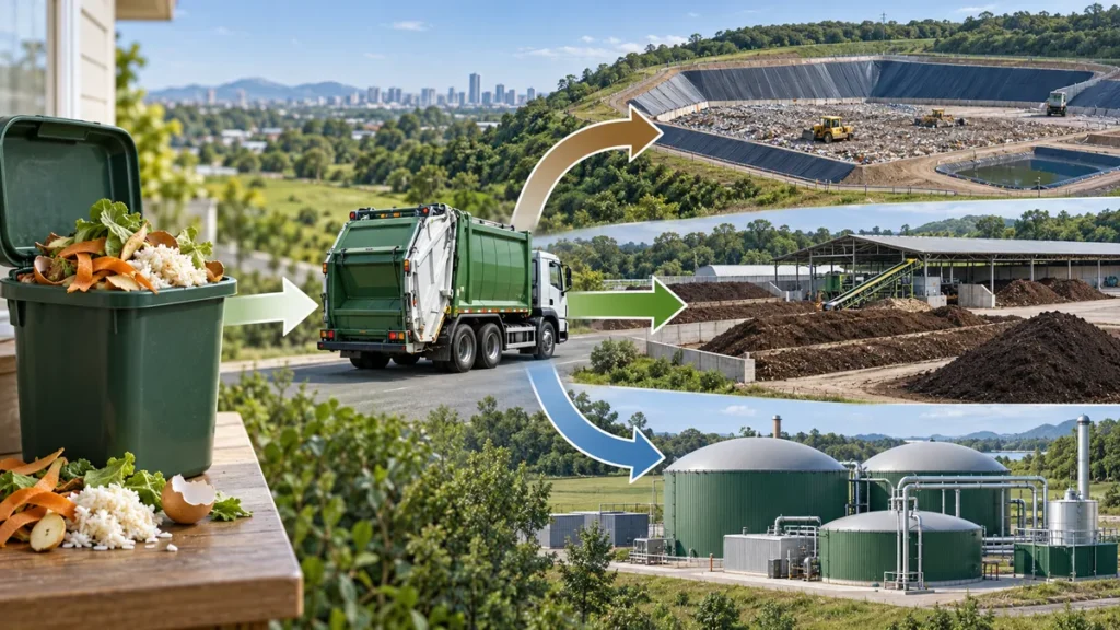 Food waste travelling from a collection truck to landfill, composting and anaerobic digestion facilities.