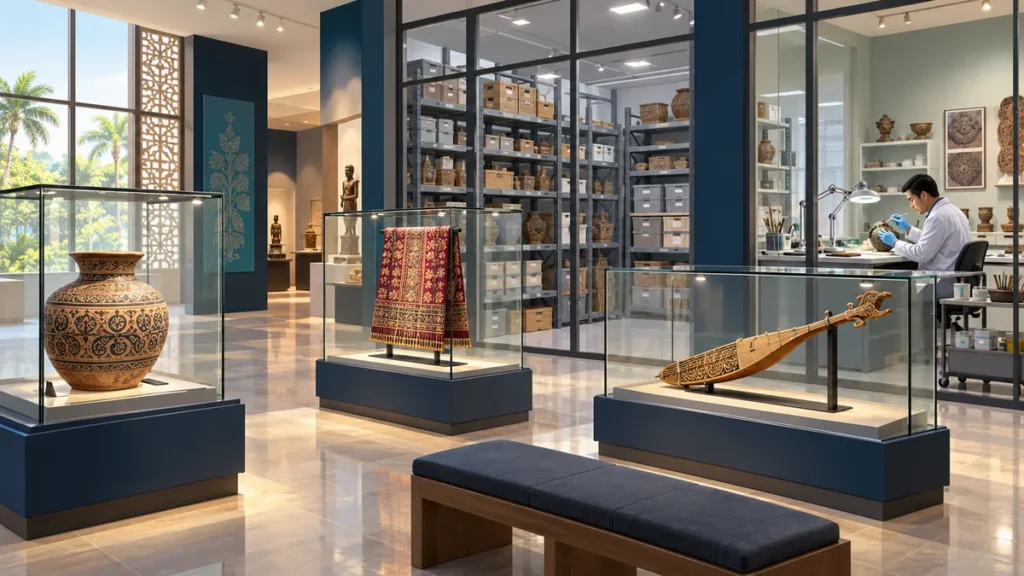 Galeri, stor koleksi dan ruang konservasi yang menunjukkan bagaimana muzium menyimpan serta menjaga artifak.