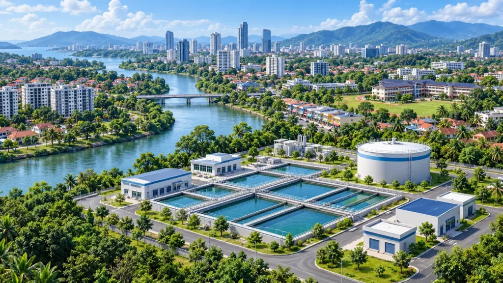 Illustration of a water treatment plant and covered reservoir beside a river serving a modern tropical city.