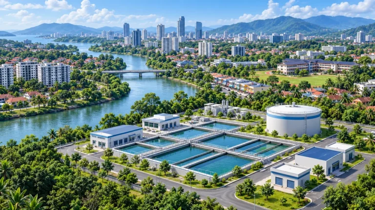 Illustration of a water treatment plant and covered reservoir beside a river serving a modern tropical city.
