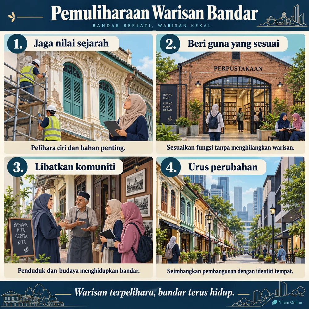 Infografik empat prinsip pemuliharaan warisan bandar: menjaga nilai sejarah, memberi guna yang sesuai, melibatkan komuniti dan mengurus perubahan.