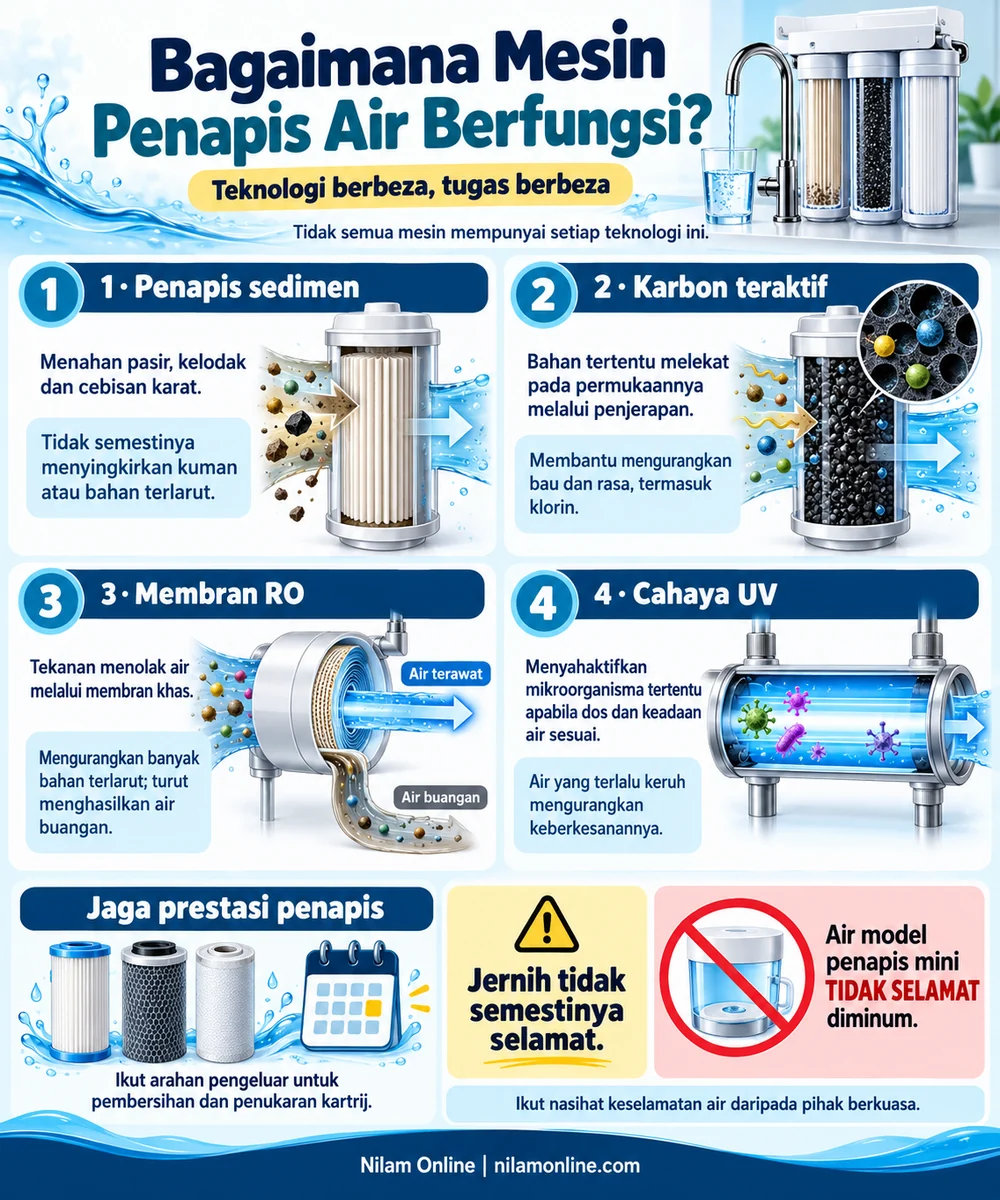 Infografik fungsi penapis sedimen, karbon teraktif, membran RO dan cahaya UV, penjagaan kartrij serta amaran keselamatan air.