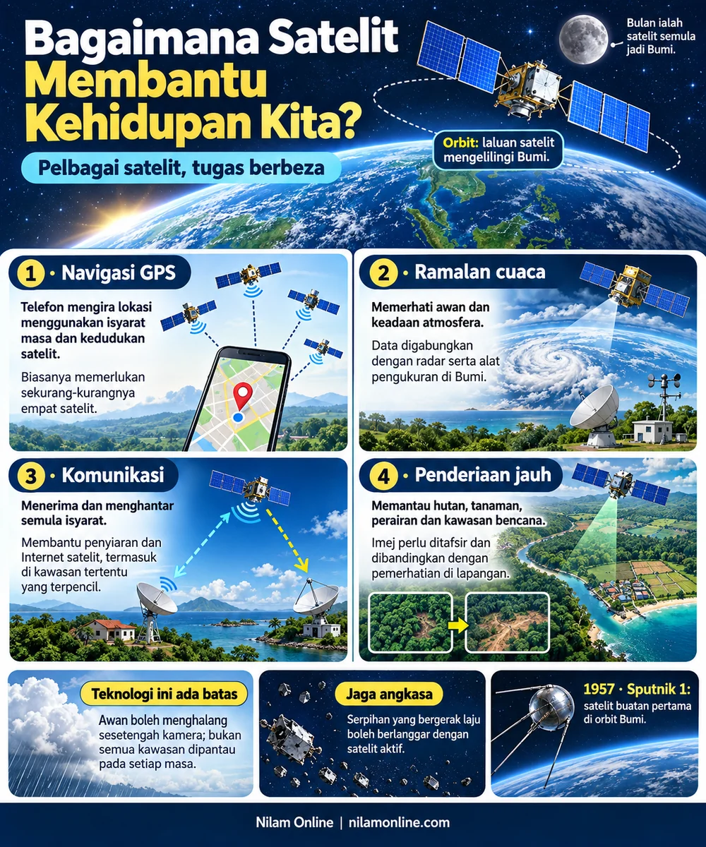 Infografik fungsi satelit untuk GPS, cuaca, komunikasi dan penderiaan jauh, dengan batas pemantauan serta risiko sampah angkasa.