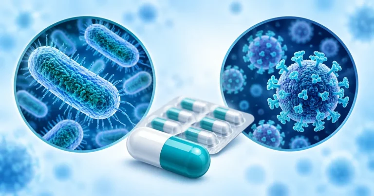 Ilustrasi perbezaan bakteria dan virus serta penggunaan antibiotik untuk merawat jangkitan bakteria tertentu.