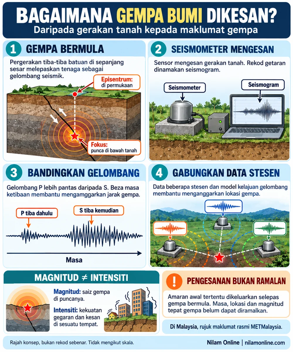 Infografik fokus dan episentrum, seismometer, gelombang P dan S, gabungan data stesen serta perbezaan magnitud dan intensiti.