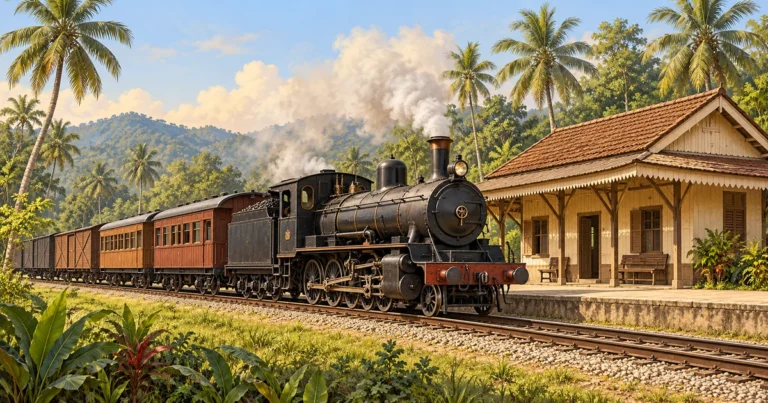 Lokomotif wap lama di stesen kereta api Tanah Melayu yang menggambarkan sejarah perkembangan pengangkutan rel sejak tahun 1885.