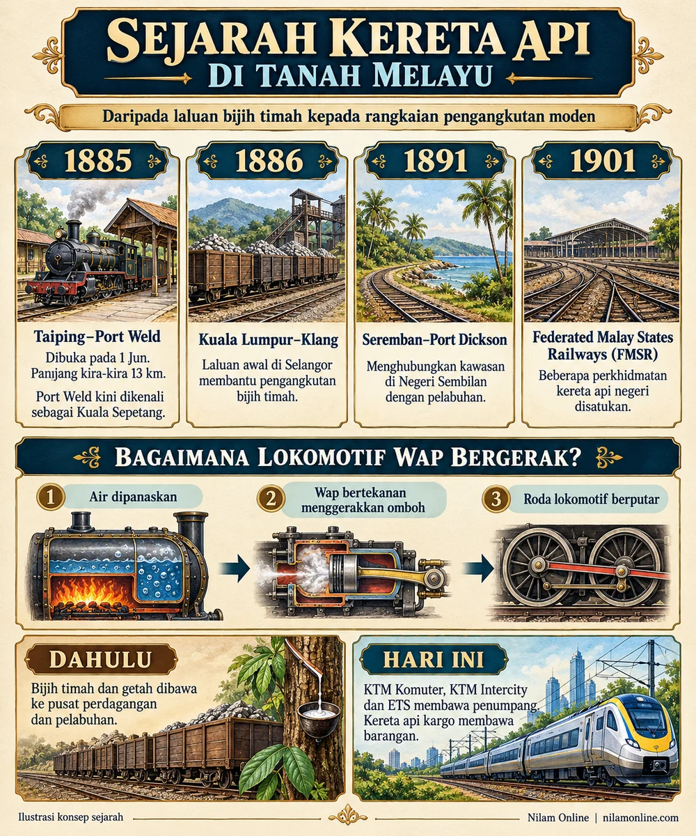Infografik garis masa kereta api Tanah Melayu pada 1885, 1886, 1891 dan 1901, cara lokomotif wap bergerak serta perkhidmatan moden.
