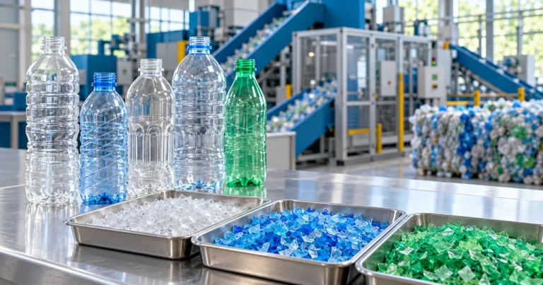 Botol plastik terpakai dan serpihan plastik yang diproses di pusat kitar semula untuk menghasilkan bahan mentah baharu.