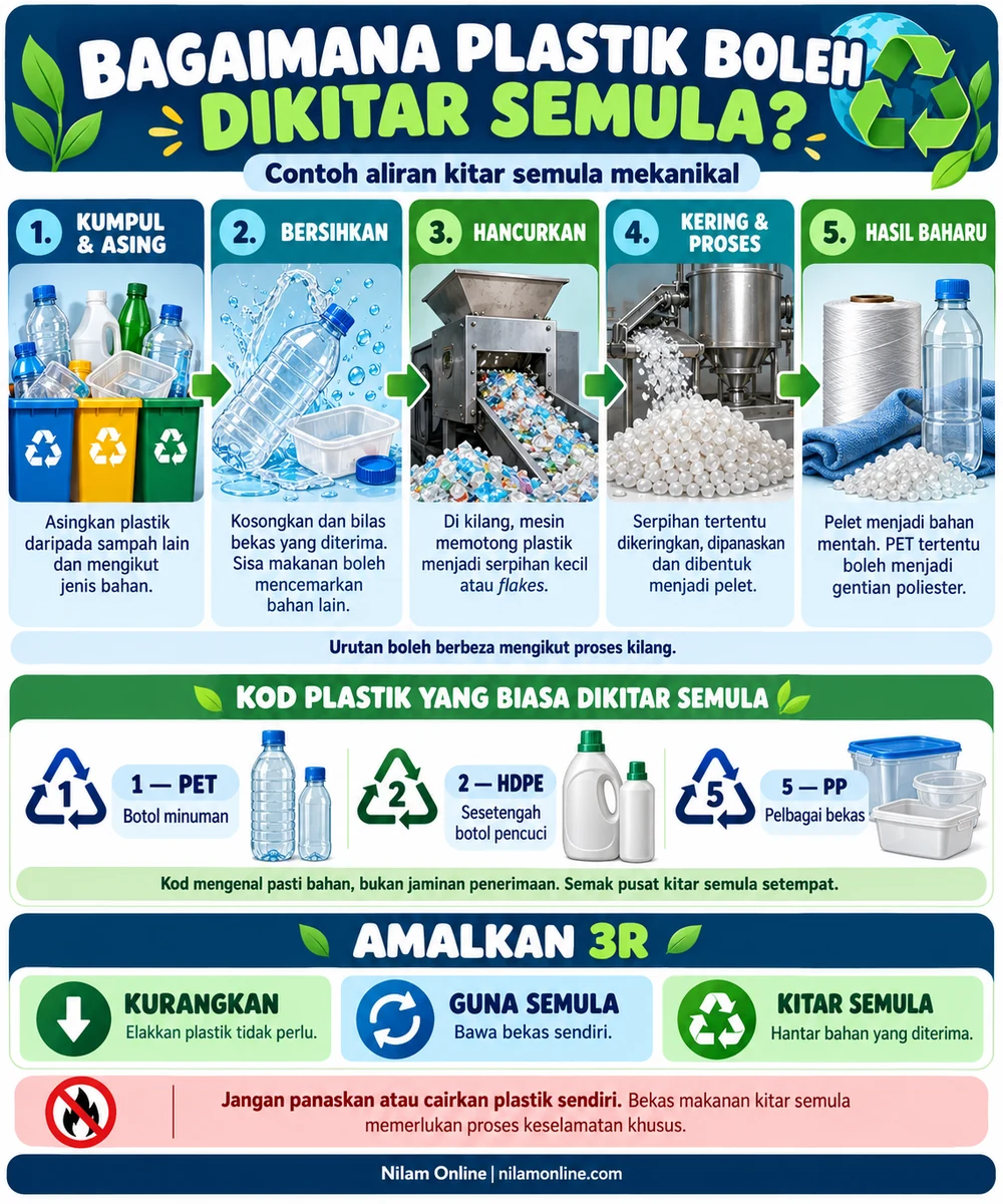Infografik pengasingan, pembersihan, penghancuran dan pemprosesan plastik, kod PET 1, HDPE 2 dan PP 5, serta amalan 3R.