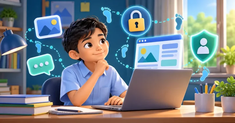 Ilustrasi jejak digital daripada aktiviti murid menggunakan Internet serta simbol keselamatan dan privasi dalam talian.